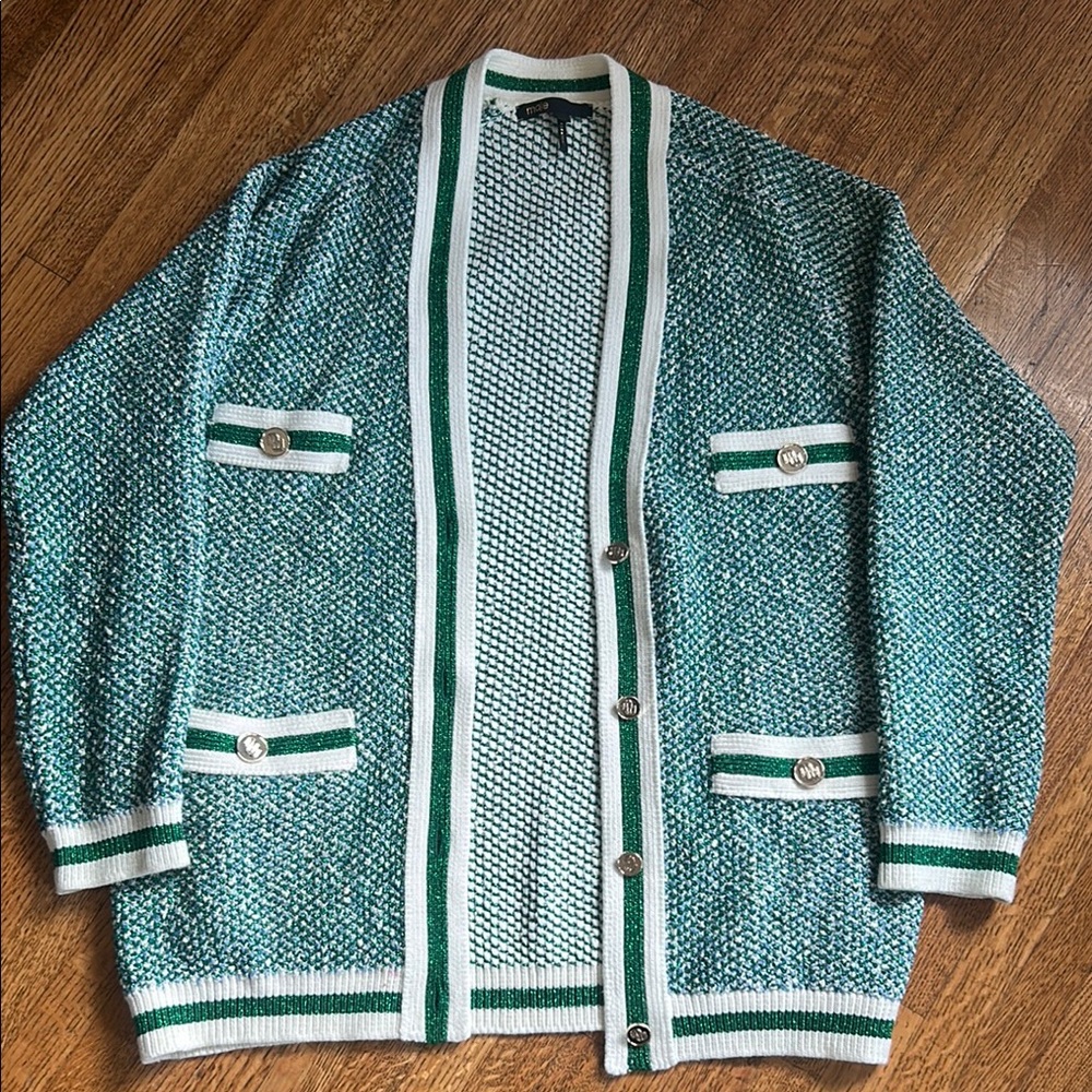 Maje Green and White Knit Cardigan